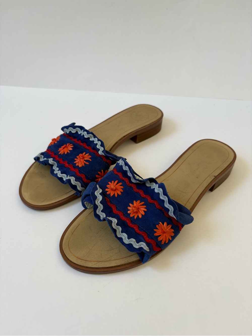 Nordstrom 1901 Blue Leather Ruffle Floral Slides Sandals 7 Resort Cruise Vacay